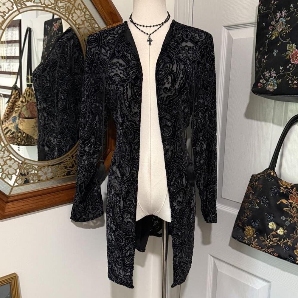 VTG Y2K Laura Ashley Black & Silver Silk Blend Velvet Burnout Paisley Cardigan